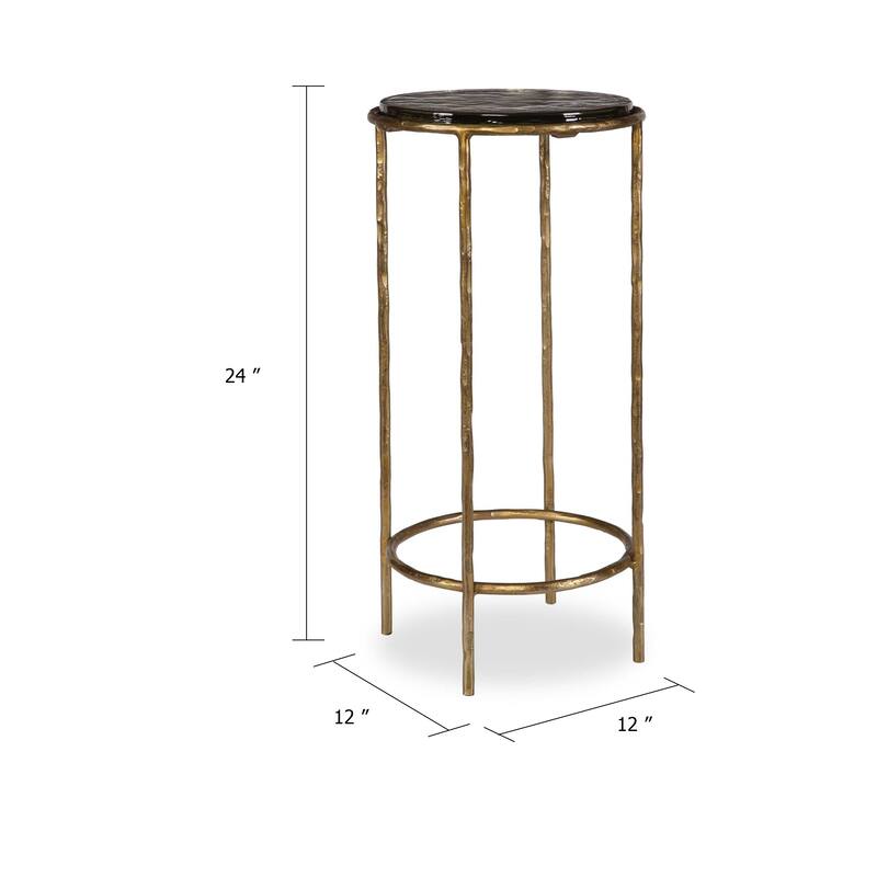 Hex Accent Table, 12 Inch Round Recycled Glass Top, Gold Iron Frame