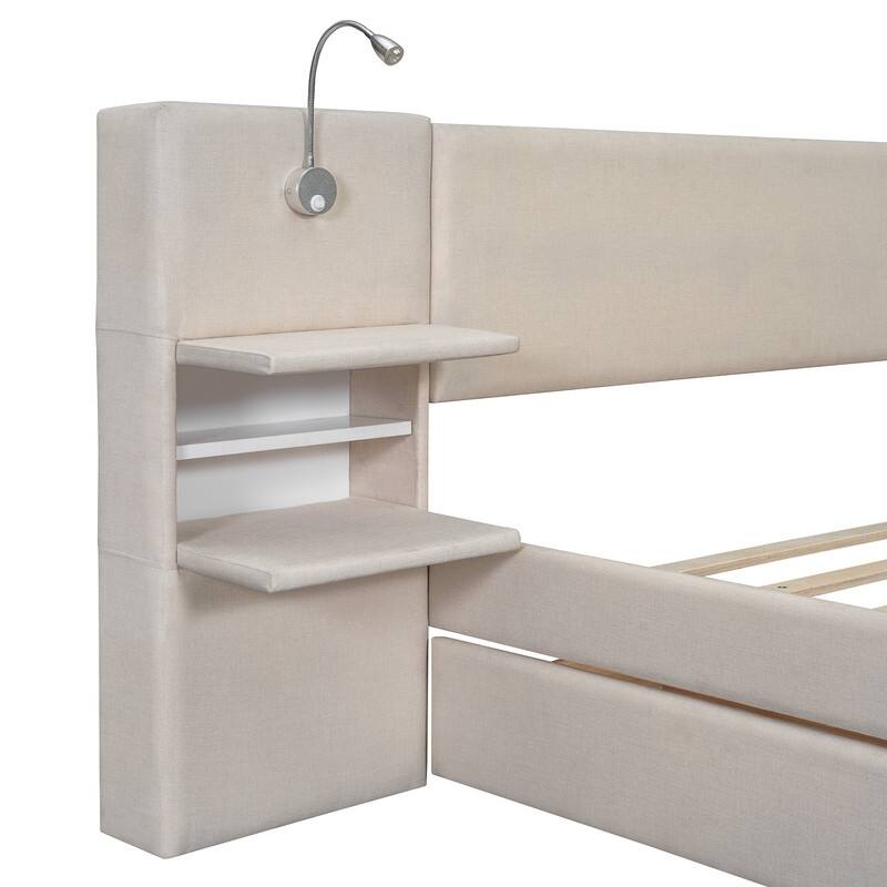 Queen Size Linen Upholstered Platform Bed with Headboard Lights and Shelves, Storage Bed Frame with Drawers and Trundle