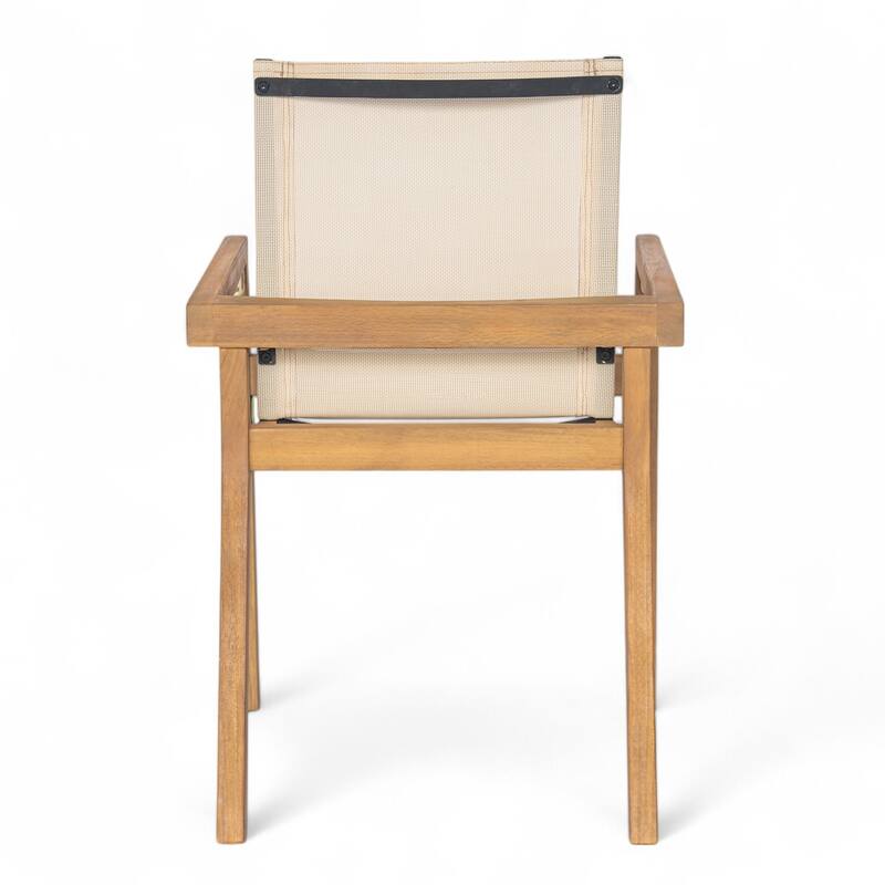 Roomfitters Set of 2 Outdoor Dining Chairs, Acacia Wood Teak Finish Frame with Breathable Mesh Seating, Beige