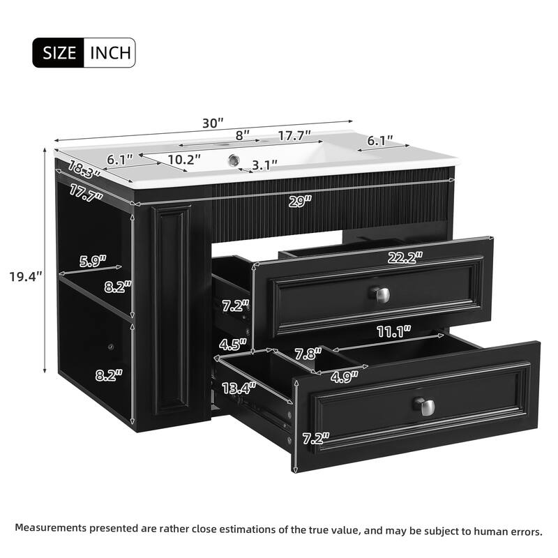 30" Wall Mounted Bathroom Vanity,Floating Bathroom Storage Cabinet with 2 Drawers,3 Holes Single Ceramic Sink,Modern Cabinet