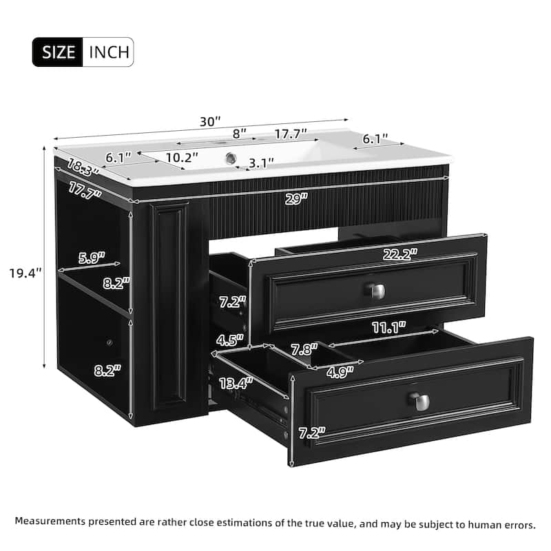 Roomfitters 30" Wall Mounted Bathroom Vanity with Ceramic Sink, Floating Storage Cabinet with Drawers