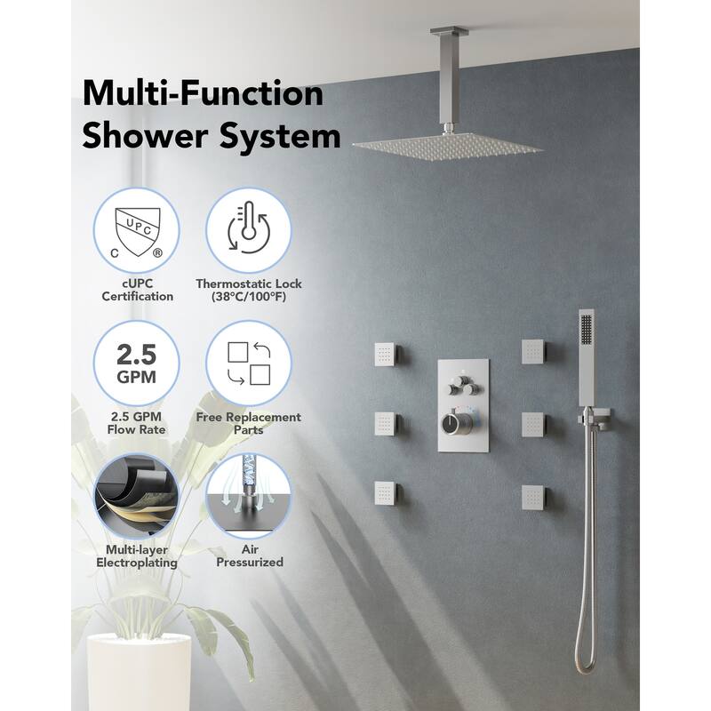 Shower System 12" Ceiling Rain Shower Head with 3-Way Thermostatic Faucet & Body Jets