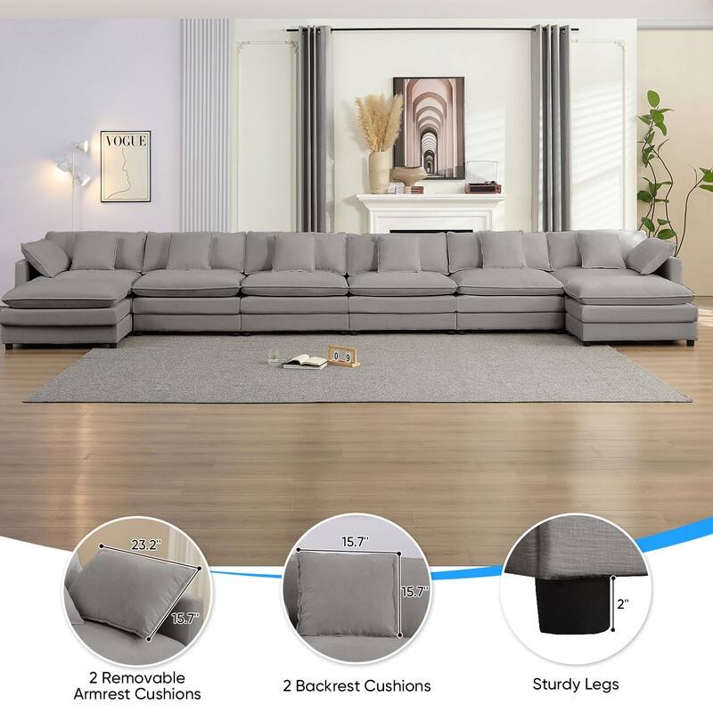Mixoy 217''U-Shaped Modular Sectional Sofa,8-Seater Cloud Couch with Ottoman and Cushions,Sleeper Deep Seat Couches - 6+2