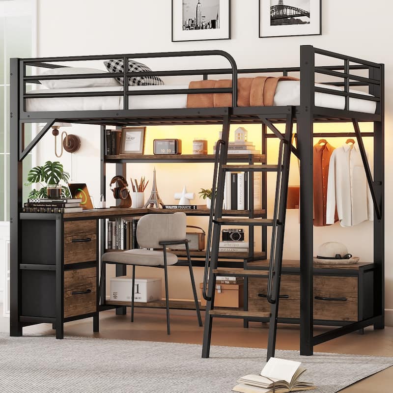 Loft Bed with Desk,Light,Storage Shelves and Drawers