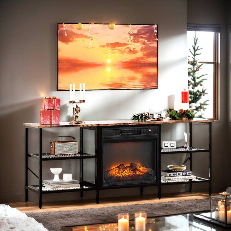 Farmhouse Industrial Style 58'' TV Stand For Tvs Up To 70'' With Electric Fireplace