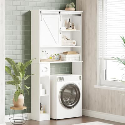 Over The Toilet Storage Cabinet Double Door Bathroom Organizer with Adjustable Shelves, Toilet Paper Holder