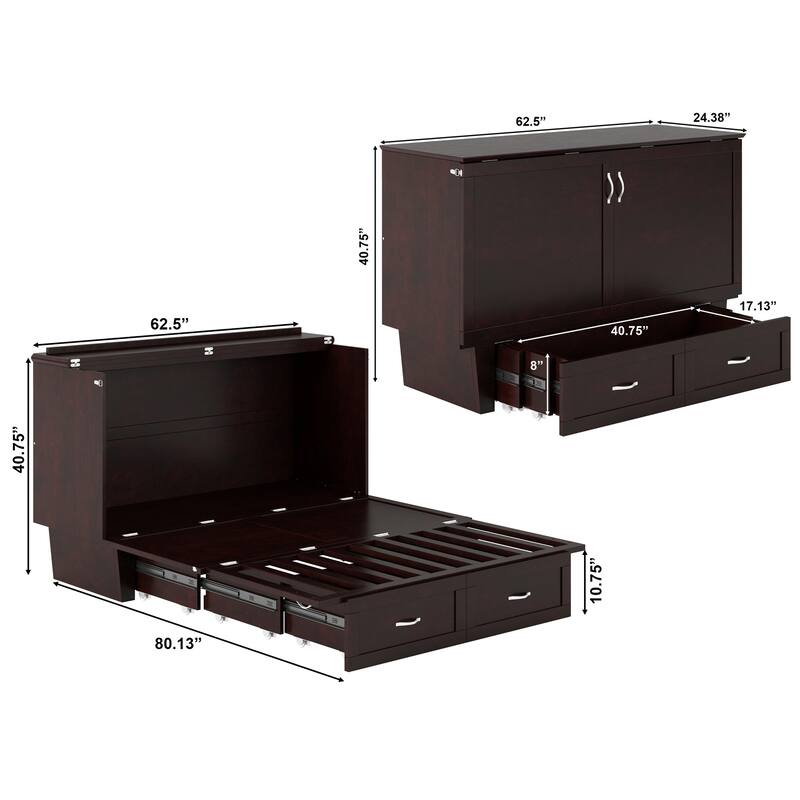 Monroe Queen Murphy Bed Chest with 6" Mattress, Storage Drawer & Built-In Charger in Espresso