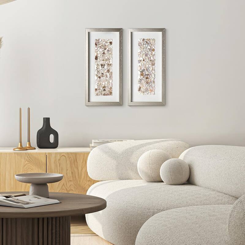 American Art Decor Neutral Seashell Mosaic 3D Textured Wall Art Panel with Champagne Frame, 2 Piece Set - Coastal Beach Decor