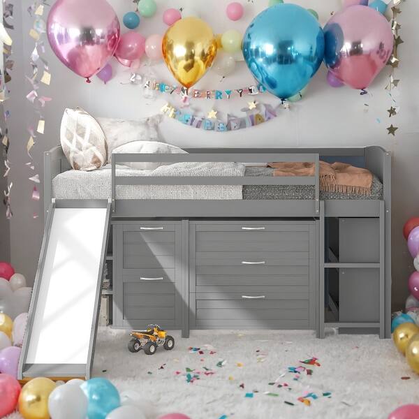 slide 2 of 9, Modern Twin Size Low Loft Bed with Cabinets,Shelves and Slide For Bedroom,Kids Grey
