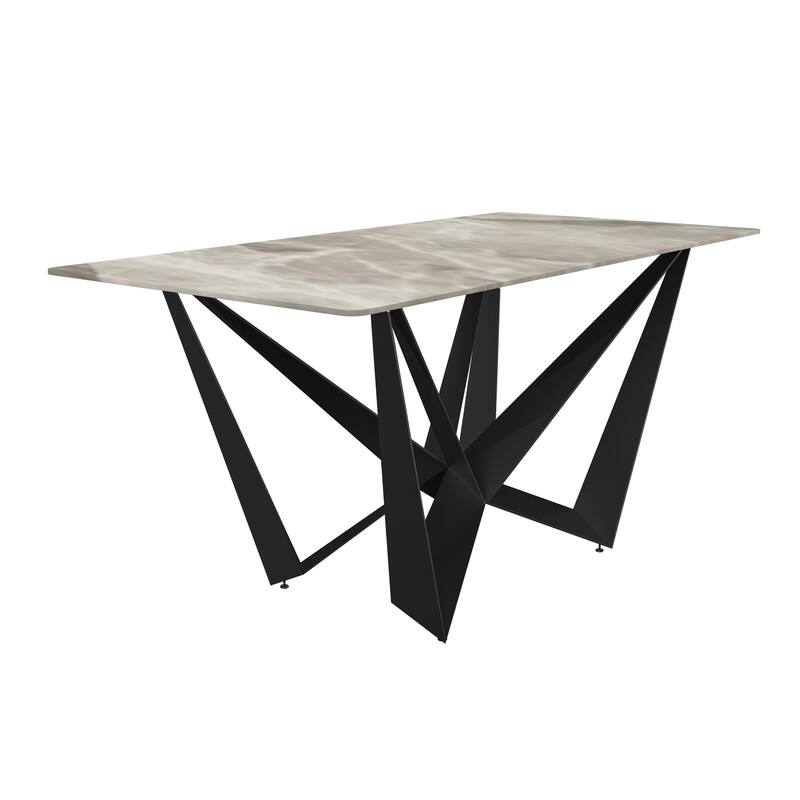 Nuvor Dining Table with Glass/Stone Tabletop in Steel Base - 62" Wide - Deep Grey Stone