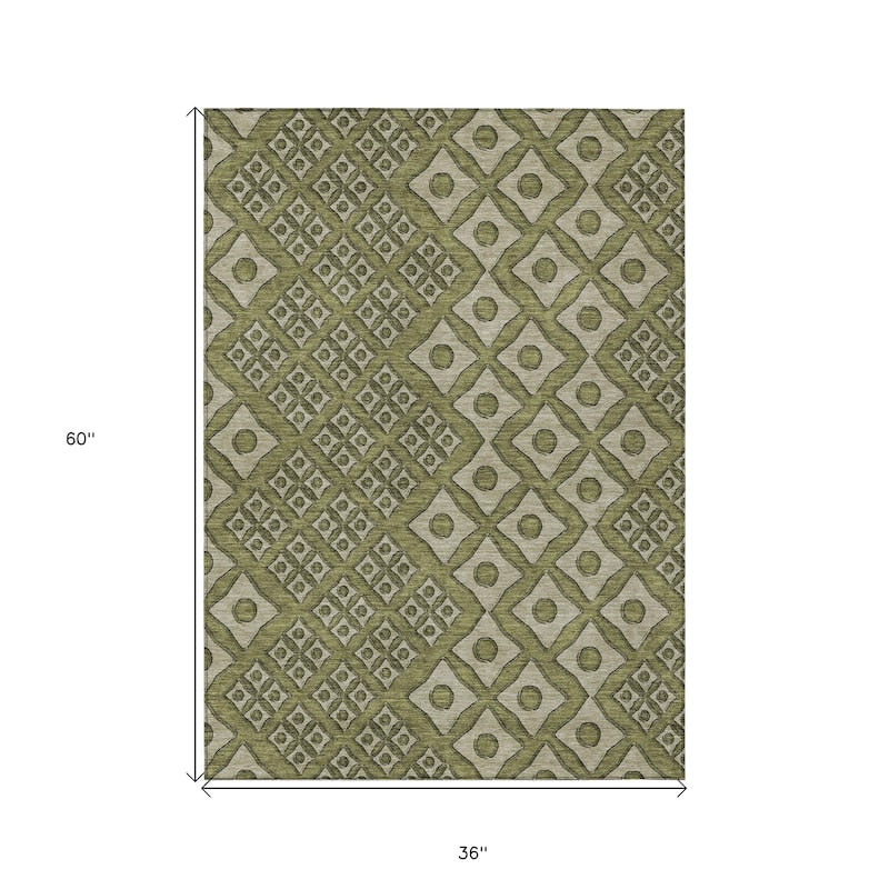 Olive Green And Gray Geometric Washable Indoor Outdoor Area Rug - 3' x 5'