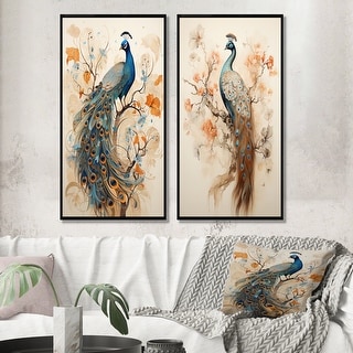 Designart "Vintage Fantasy Peacock In Enchanted Flowers" Peacock Framed Art Set Of 2 - Animals Wall Art Set 2 Pieces