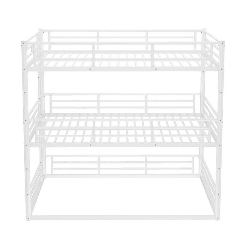 Queen over Queen over Queen Bunk Bed, Metal Triple Bunk Bed with Safety Guardrails, Bunk Bed with Noise-reduced Design