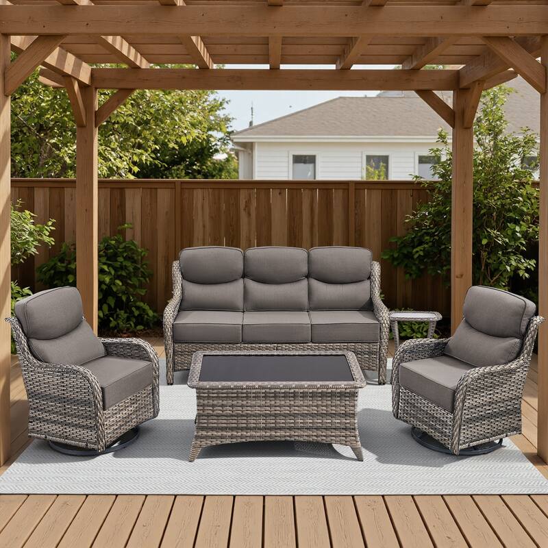 Meyreso 7-Piece Wicker Patio Conversation Set with Swivel Gliders and 6-Inch Thick Cushions - 5-Piece - Gray/Gray