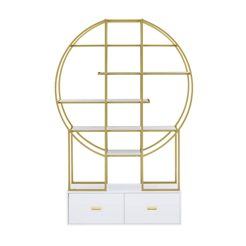Roomfitters 70.8" Round Bookcase for Office, Bookshelf with Display Shelves and 2 Drawers, Gold Frame, Golden+White