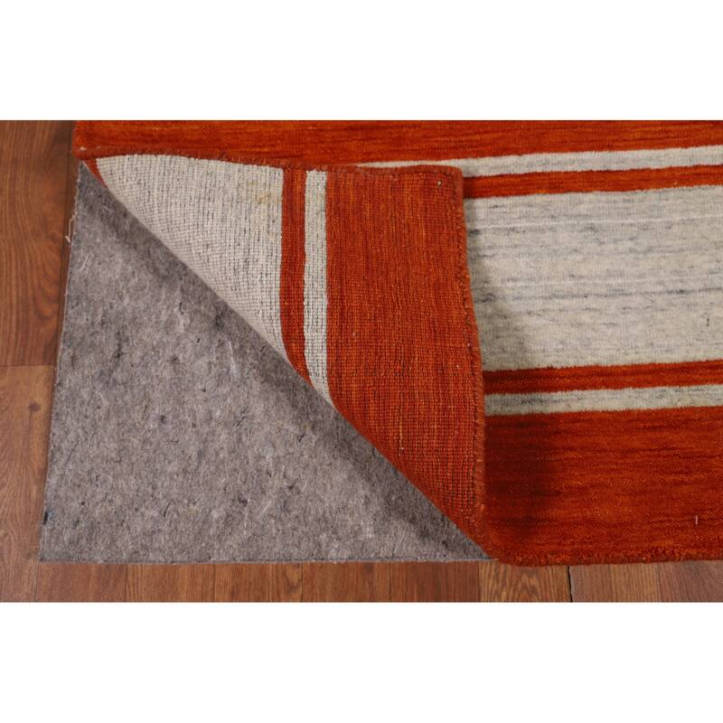 Hand Knotted Oriental 100% Wool Carpet Tribal Stripe Oranges & Rust Gabbeh Runner Rug - 10' 9'' X 2' 6''