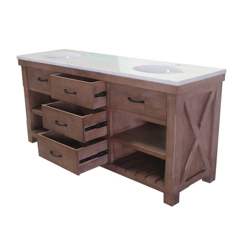 Deluxe natural finish double vanity with 30 mm white marble top 72" W x 22" D x34" H (single hole for faucet)