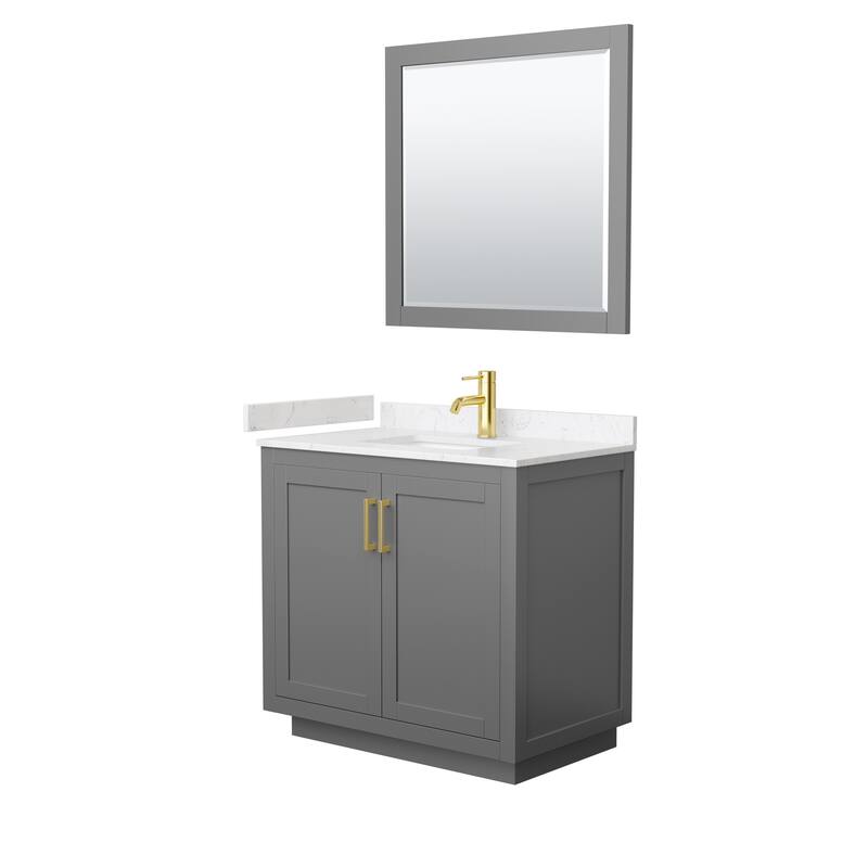 Miranda Single Vanity Set, Cultured Marble Top, 34-Inch Mirror - 36-Inch Single - Dark Gray, Gold Trim, Carrara Cultured Marble Top
