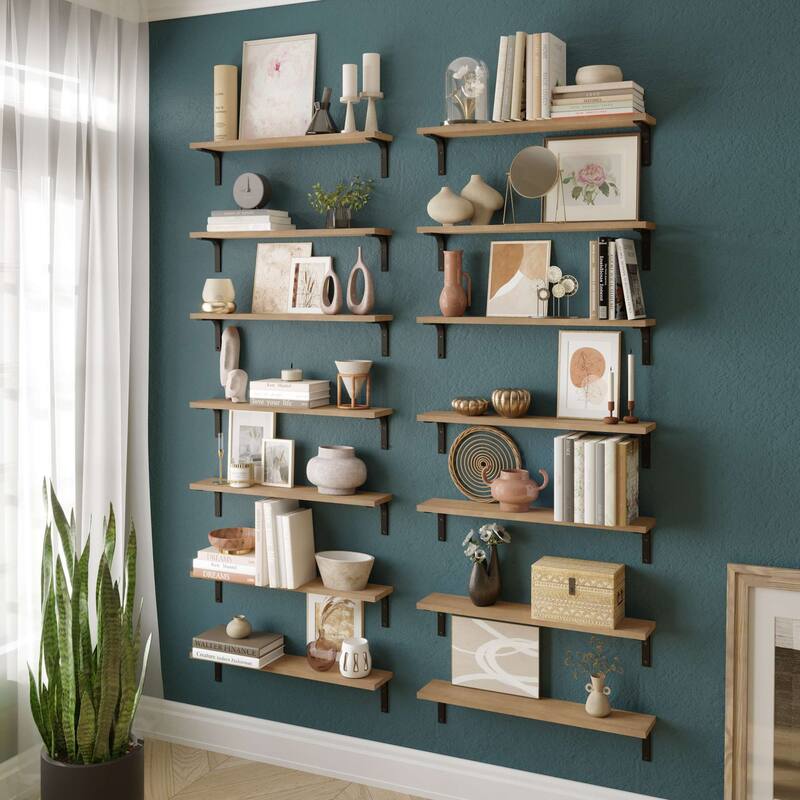 Wallniture Nola 24" Floating Shelves for Wall Decor, Wood Shelves for Living Room, Office, Kitchen Storage Shelves, 14 Pcs