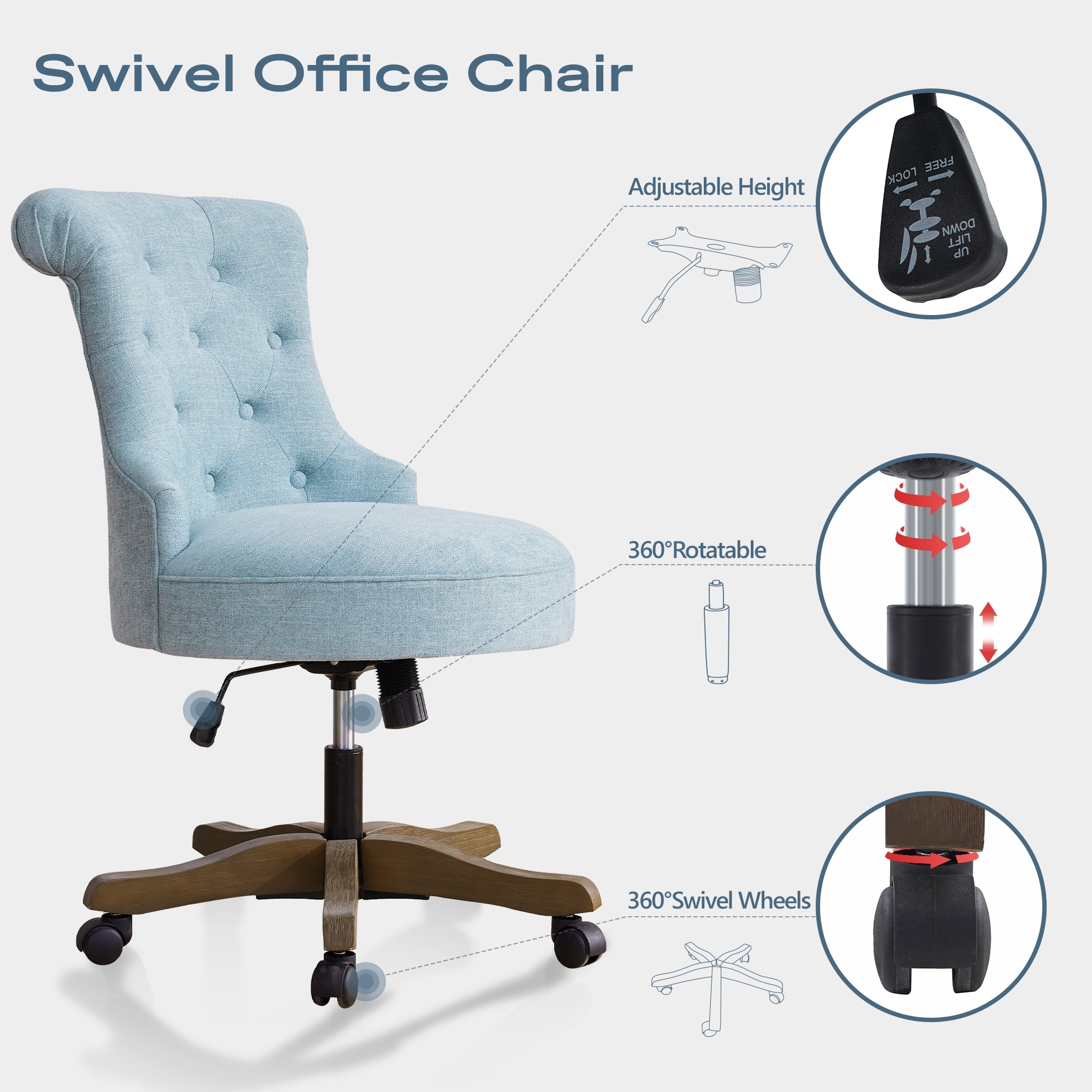 HUIMO Office Chair with Wheels Beige Blue Grey Adjustable Height