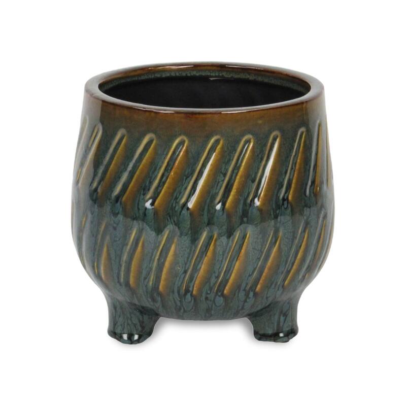 Astrona Raised Round Dual Band Diagonal Patterned Ceramic Pot - Dark Copper