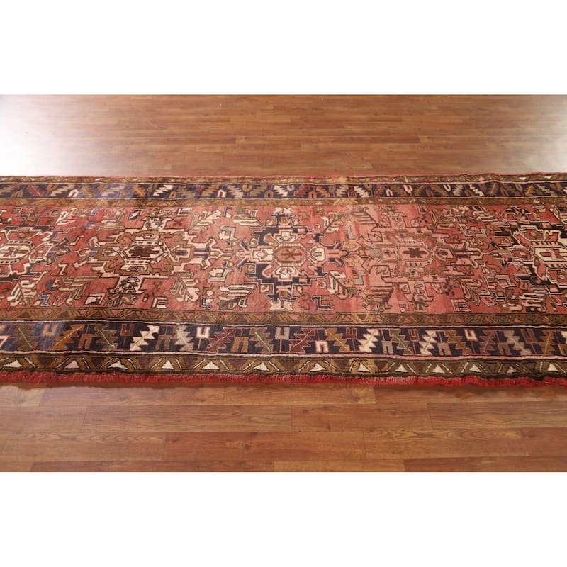 Geometric Pink Heriz Persian Vintage Runner Rug Handmade Wool Carpet - 3'10"x 10'1"
