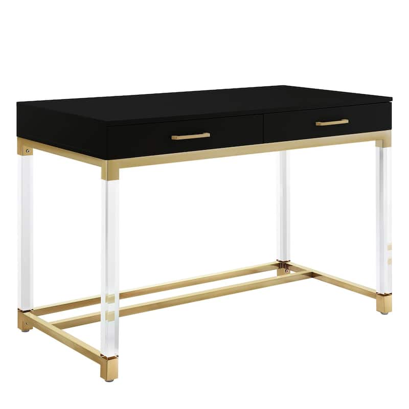 HomeRoots 48" Black Clear and Gold Wood Acrylic and Stainless Steel Writing Desk With Two Drawers