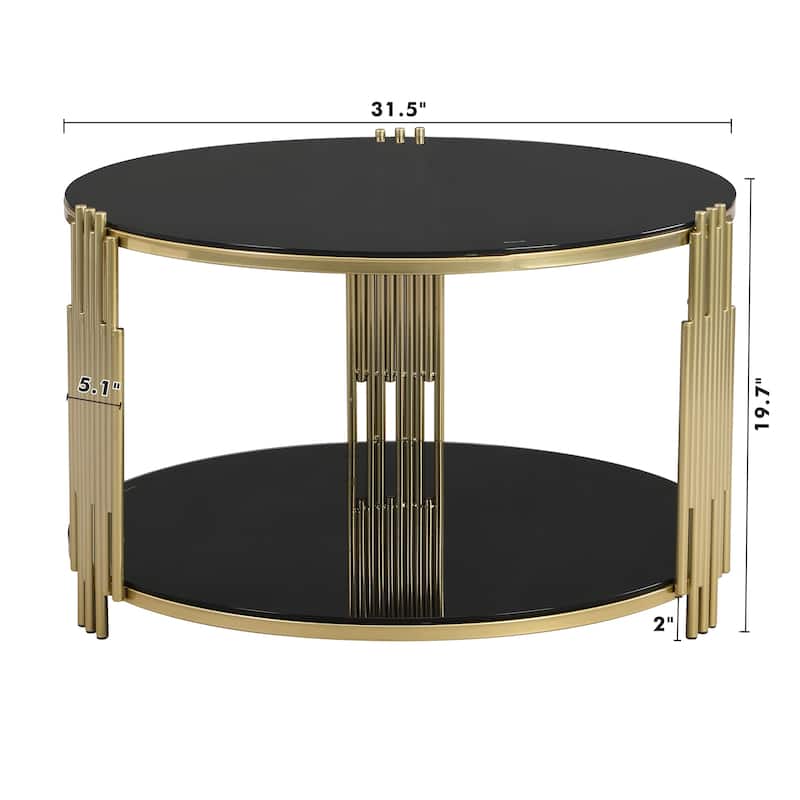 Modern 2-Tier Mirror Coffee Table with Asymmetrical Metal Legs, Round Metal Drum Base Cocktail Table