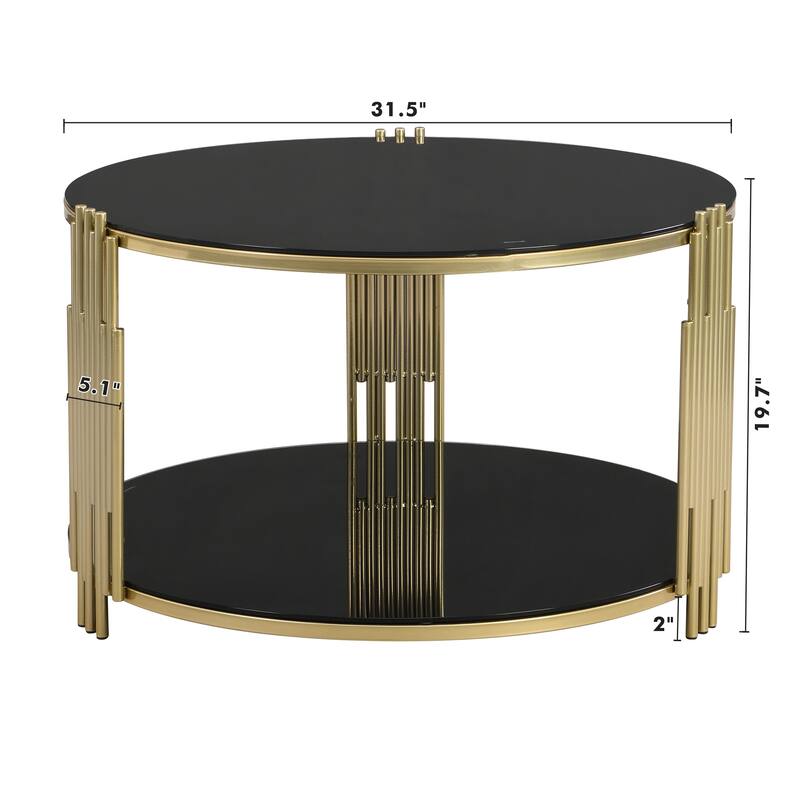 Roomfitters Modern Round Coffee Table, Glass Top with Gold Metal Frame and Lower Shelf, Elegant Living Room Accent Table
