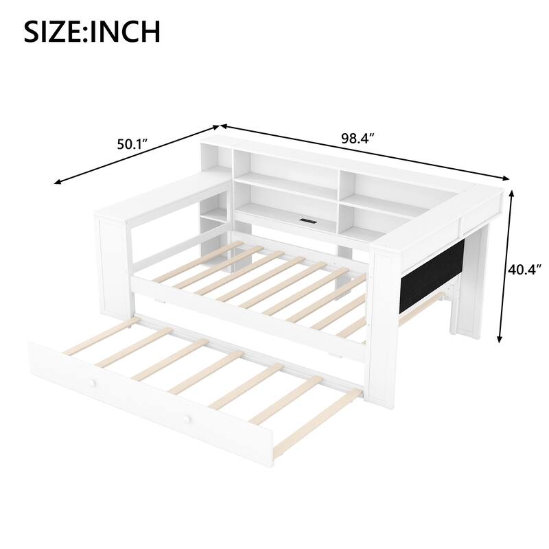 Daybed with Desk & Trundle Storage Bookcase Daybed with Socket and LED