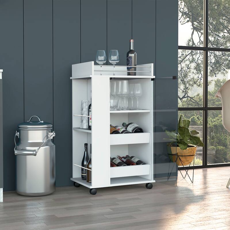 Baltimore Bar Cart with Casters, Glass Door and 2-Side Shelf