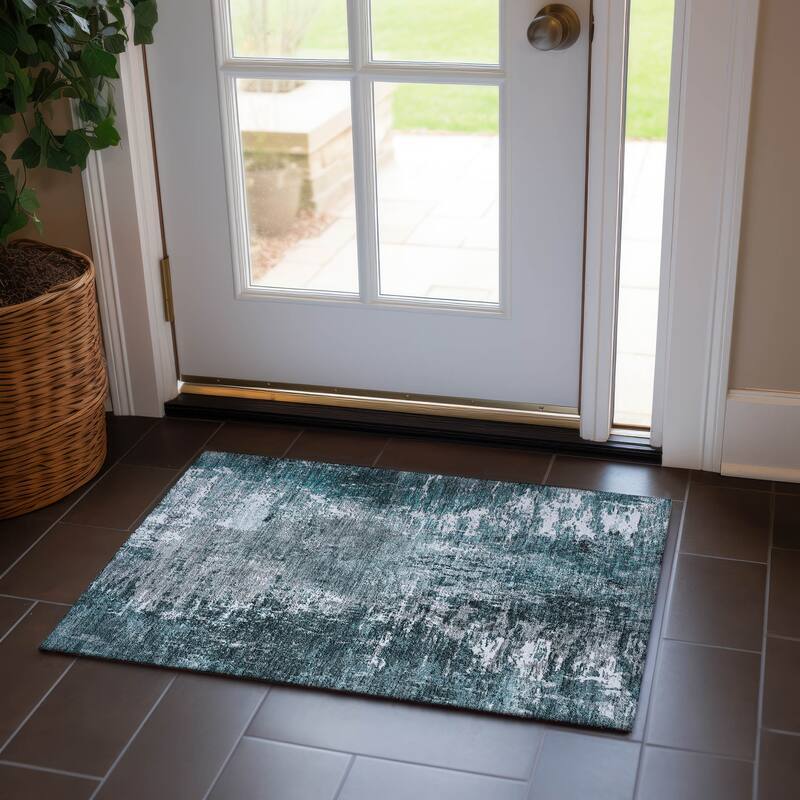 Machine Washable Indoor/ Outdoor Chantille Abstract Contemporry Rug - Teal - 1'8" x 2'6"