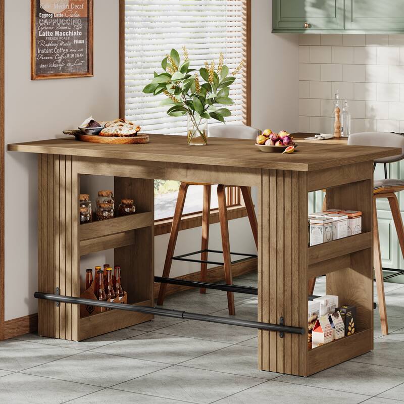 63 Inch Bar Table with Storage Shelves, Counter Height Pub Dining Table with Footrest - 62.99" L x 31.5" W x 37.4" H