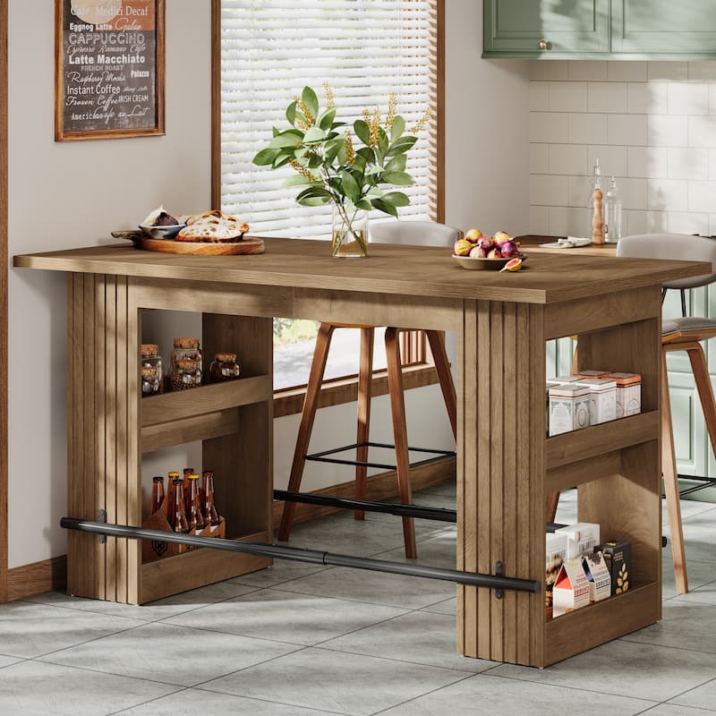 63 Inch Island Table for Kitchen, Kitchen Bar with Dual Side Storage Shelves and Footrest - 62.99" L x 31.5" W x 37.4" H
