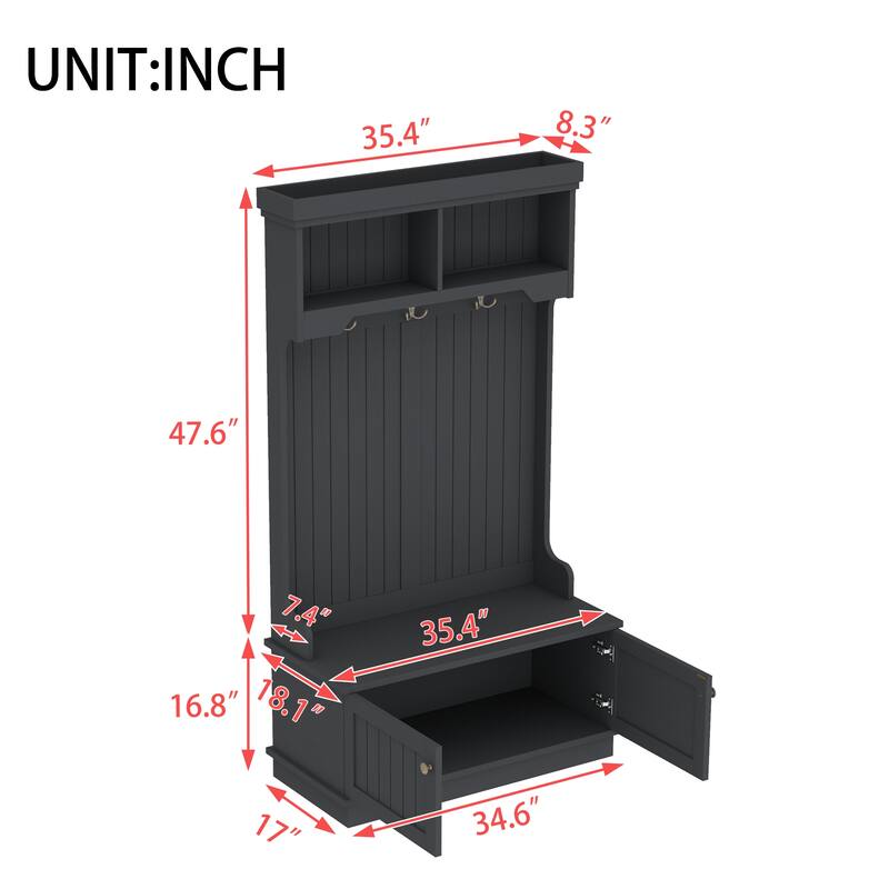 GDFStudio - Cherry Hall Tree with Shoe Bench, Coat Hooks and Display Shelves - 4-in-1 Entryway Organizer
