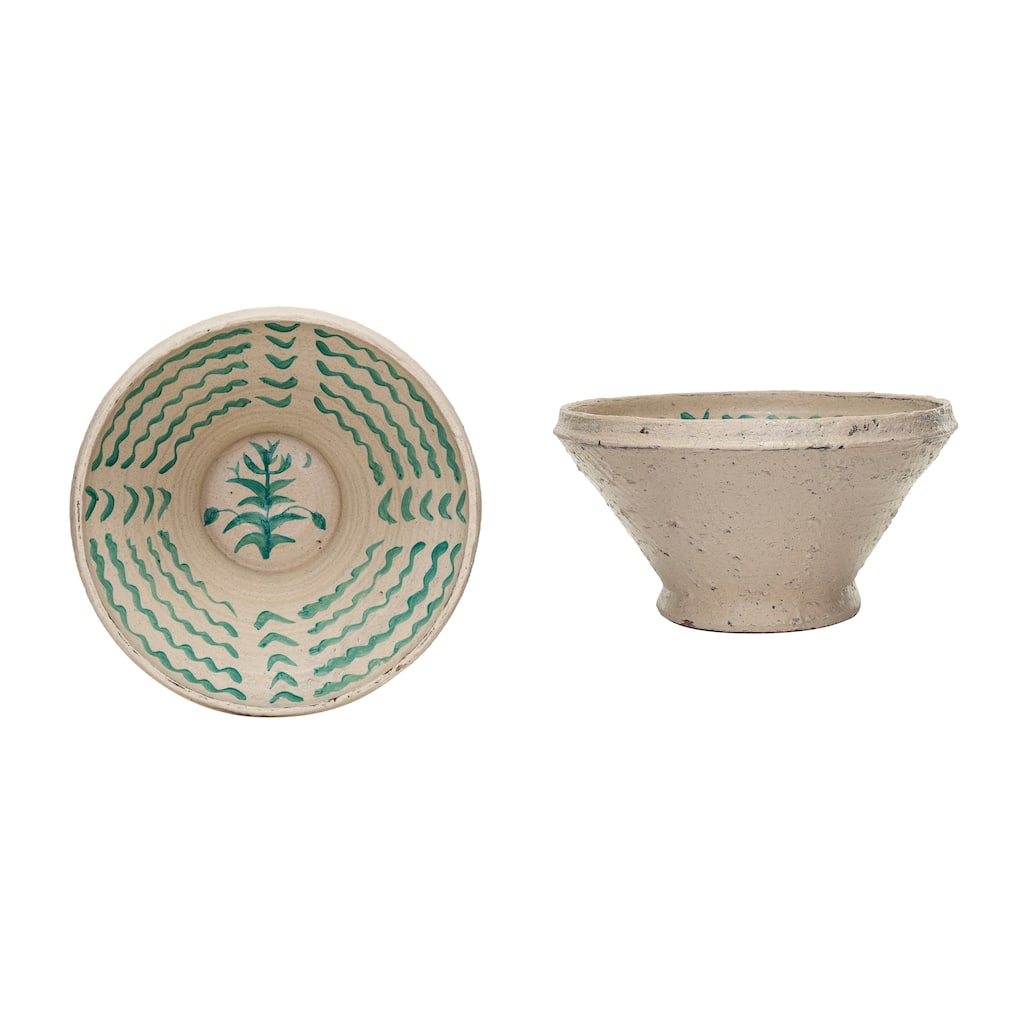 Hand-Painted Terra-cotta Bowl with Distressed Finish - 16.5"L x 16.5"W x 8.3"H