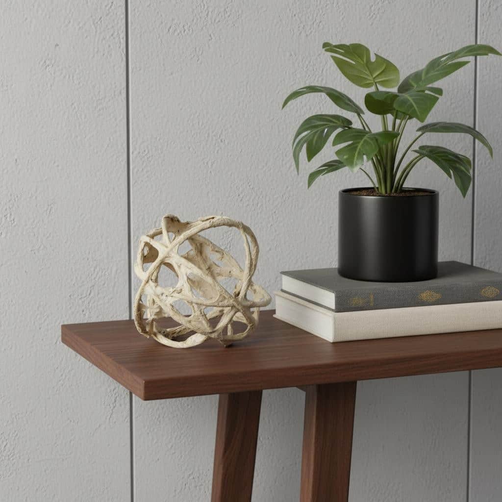 HomeRoots 5" Beige Paper Mache And Metal Decorative Orb - 4.53 in. x 4.53 in. x 4.53 in.