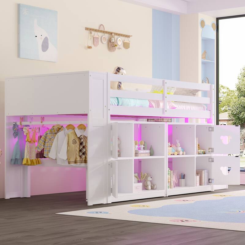 Twin Size LED Loft Bed, Wooden Low Loftbed Frame with Under Bed Storage, Shelves and Storage Stairs