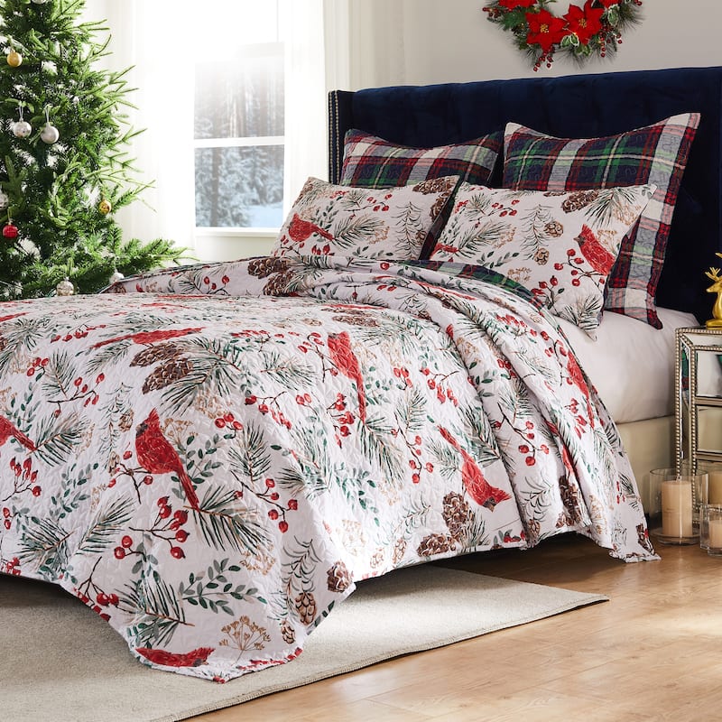 Greenland Home Cardinal Plaid Winter Wonderland Reversible Quilt Set