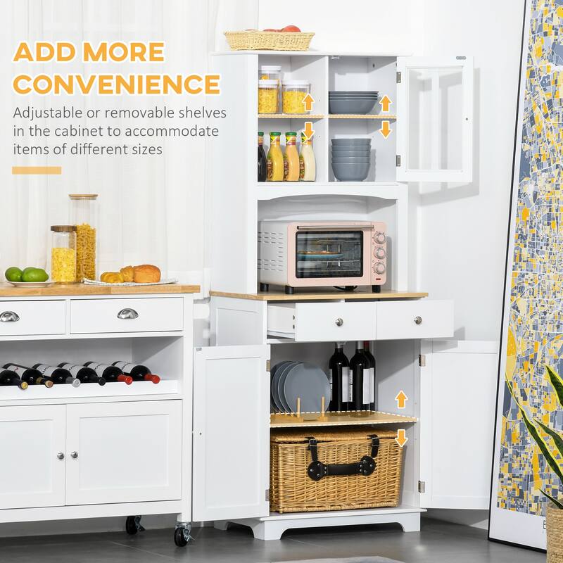 Freestanding 67" Kitchen Buffet with Hutch, Pantry Cabinet with Microwave Stand, Adjustable Shelf, 2 Drawers, Cupboard, White