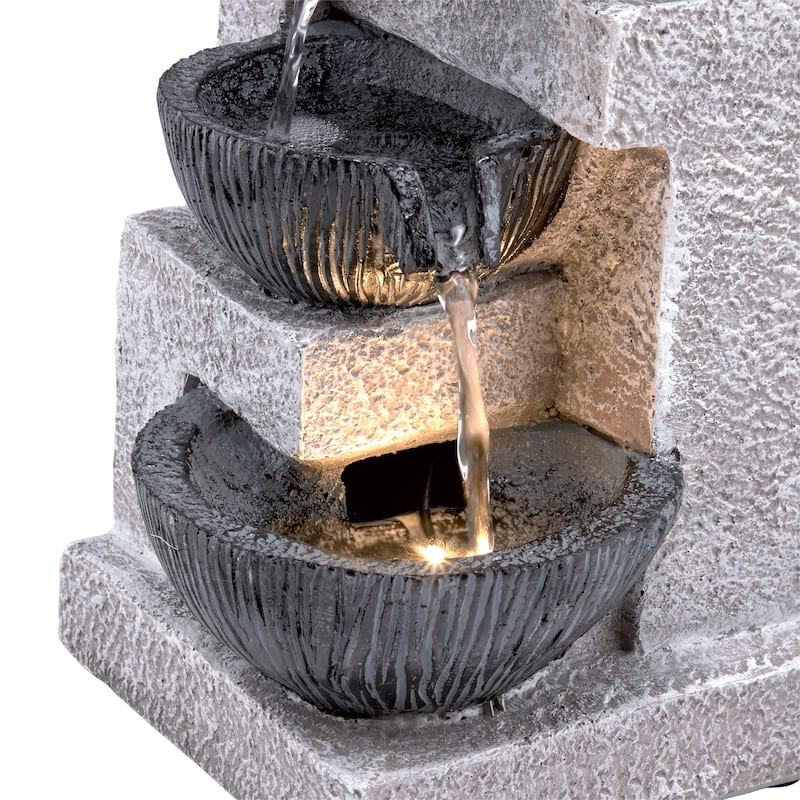 Alpine Corporation 14" Tall Cascading Tabletop Bowl Fountain Decoration with LED Lights, Gray
