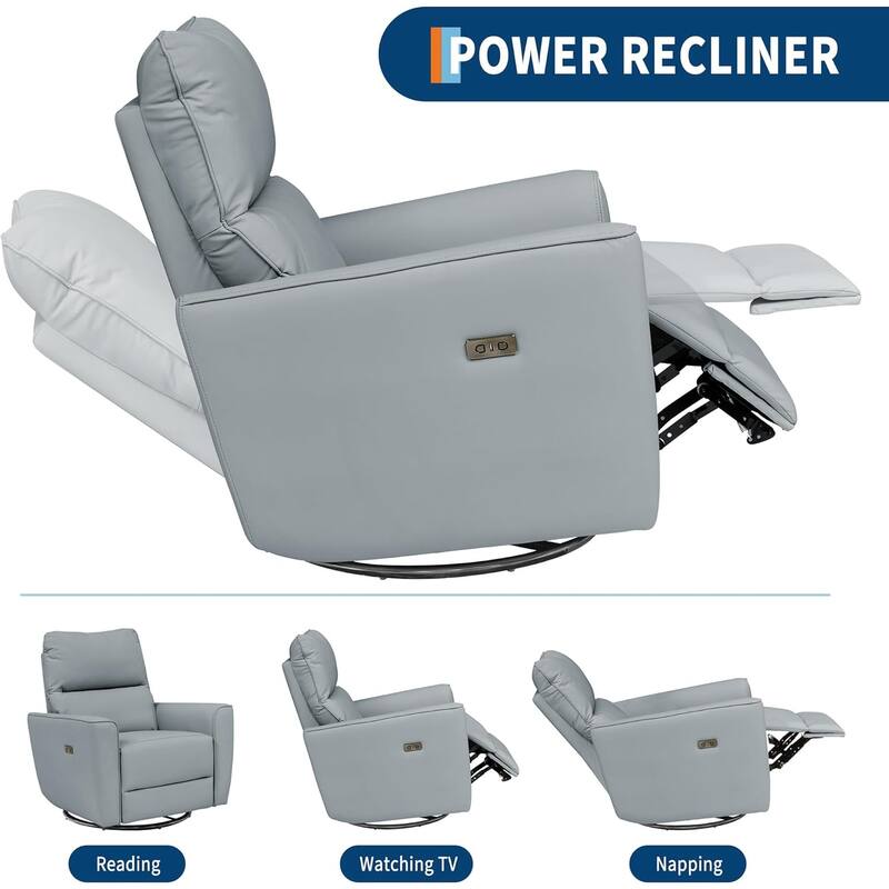 Power Recliner Swivel Chair Rockery Glider PU Leather Nursery Chair with USB Port