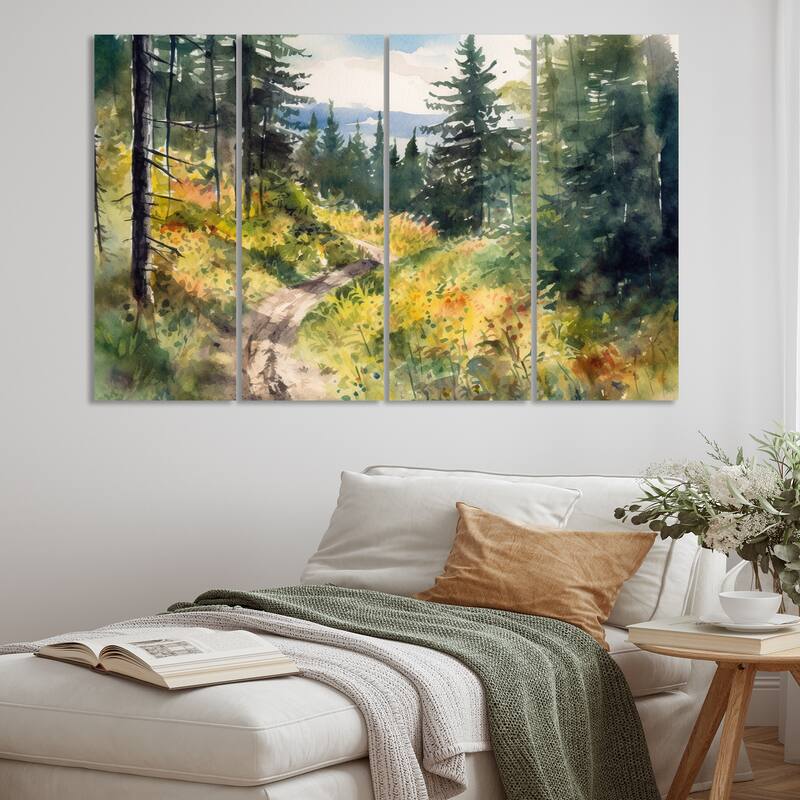 Designart "Little Road In Mountain Landscape VIII" Forest Multipanel Canvas Wall Art set - 48 In. Wide X 28 In. High - 4 Panels Equal Panels