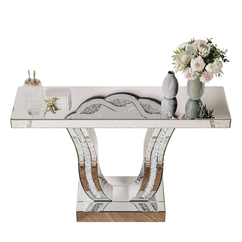 Roomfitters 43" Mirrored Console Table, Modern Silver Entryway Sofa Table with Curved Stone-Inlaid Legs, Silver