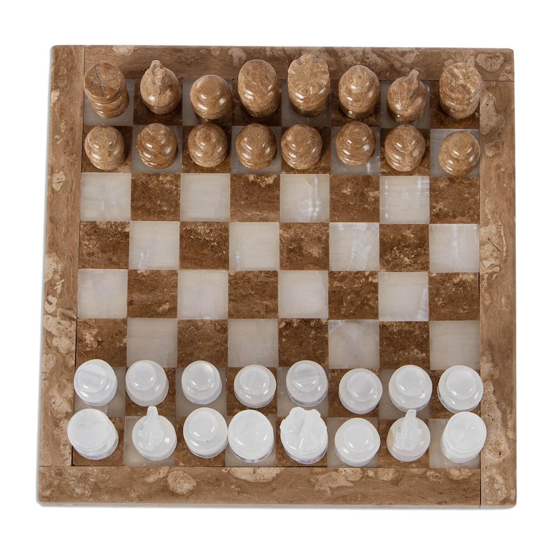 Novica Handmade Brown And White Challenge Onyx And Marble Chess Set (7.5 Inch)
