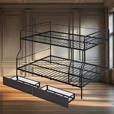 Full XL Over Queen Metal Bunk Bed with Chrome Finish, Storage Drawers, Safety Guardrails, and Space-Saving Design for Kids