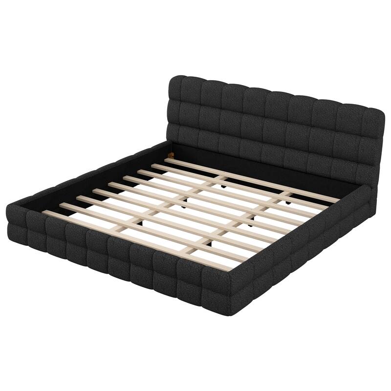 Upholstered Platform Bed with Headboard, No Box Spring Needed Low Profile Bed, Wood Slat Support Grounding Bed
