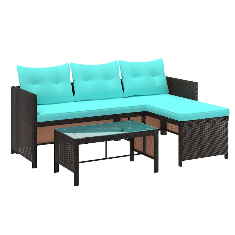 EROMMY 3-Piece Outdoor Patio Furniture Set, All-Weather PE Rattan Sofa Set with Glass Table & Cushions, Perfect for Balcony