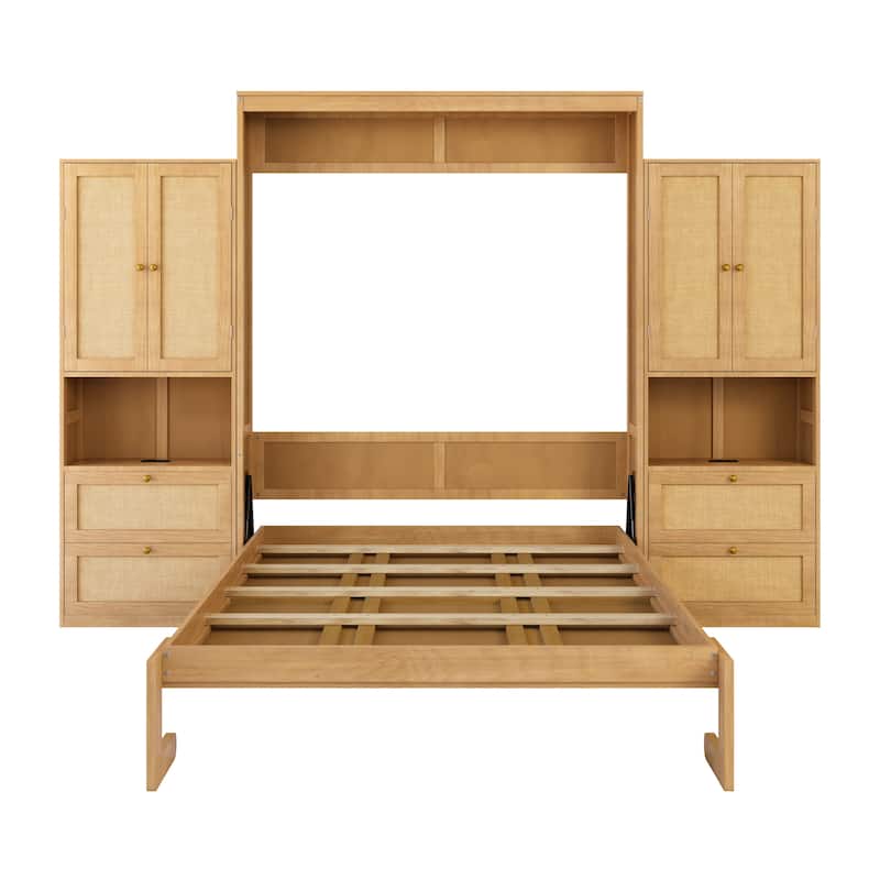 Foldable Bed Convert Cube Cabinet Rattan Murphy Bed Space-Saving Bed