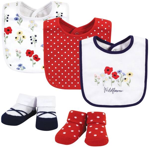 slide 1 of 1, Hudson Baby Infant Girl Cotton Bib and Sock Set, Wildflower, One Size - Wildflower - One Size One Size - Wildflower